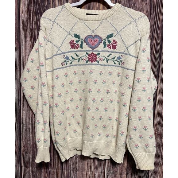 Vintage 90s Eddie Bauer Floral Hearts Grandma Cottagecore Coquette Sweater S - Picture 1 of 5